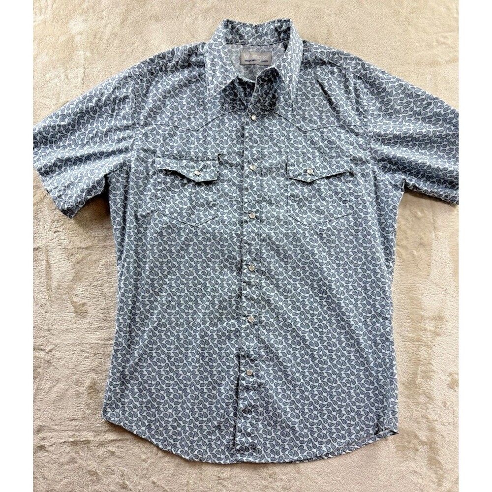 Wrangler Wrancher Pearl Snap SS Shirt Mens M Cowboy Southwestern Blue Paisley